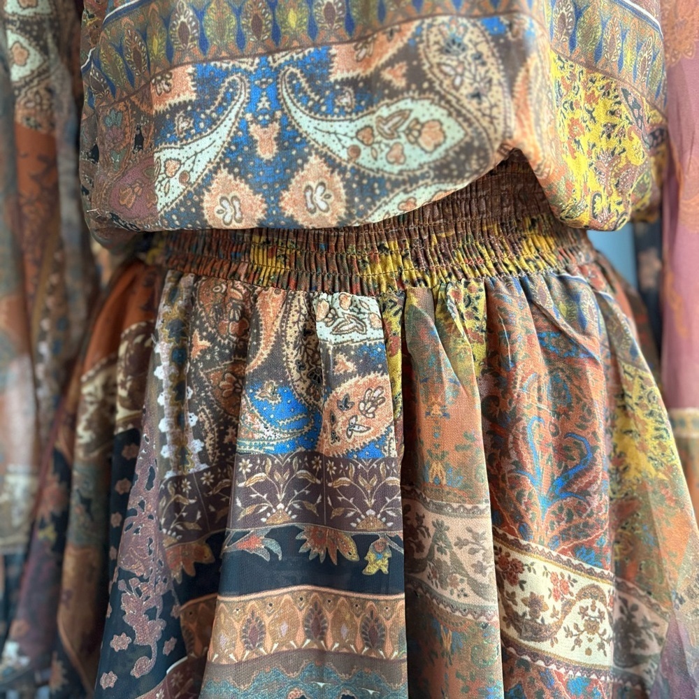NWT Bluivy Multicolored Patchwork Paisley Long Sleeve Short Romper Smocked Waist - Picture 10 of 17